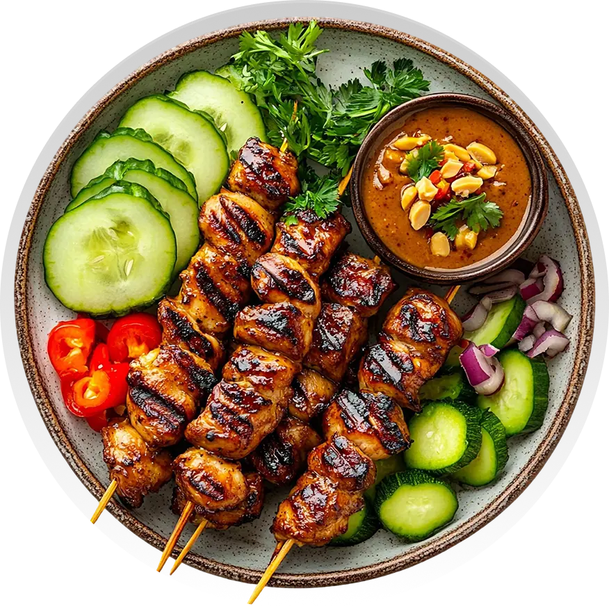 Plate with grilled chicken skewers, sliced cucumber, red chili peppers, red onion, fresh parsley, and a bowl of peanut sauce garnished with peanuts and cilantro.